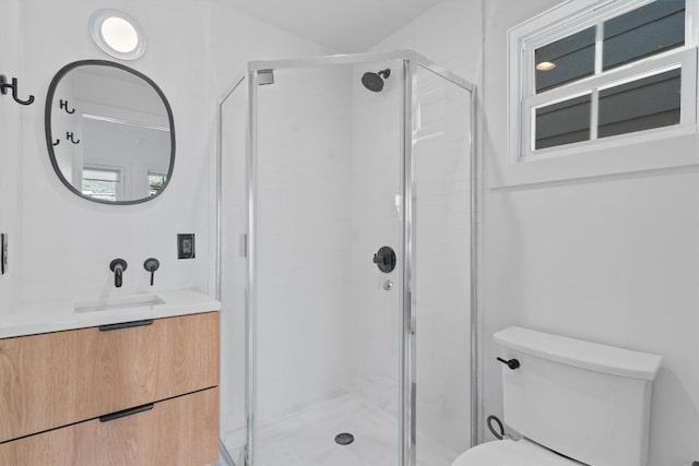 bathroom featuring a stall shower, toilet, and vanity