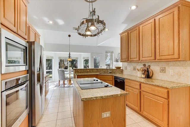 kitchen with tasteful backsplash, light tile patterned floors, light stone counters, black appliances, and a sink