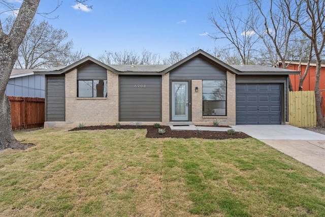 ranch-style home featuring fence, driveway, an attached garage, a front lawn, and brick siding