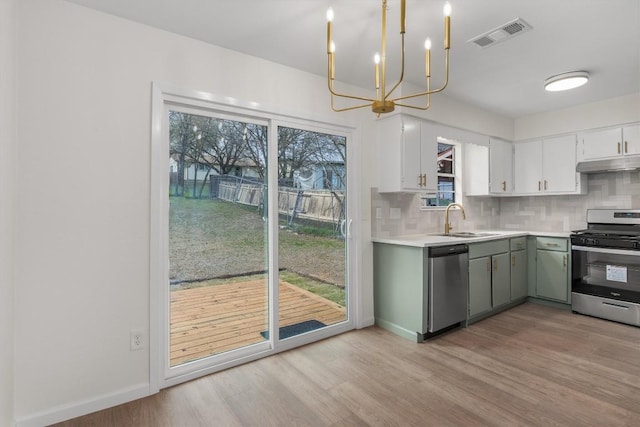 kitchen with visible vents, a sink, under cabinet range hood, tasteful backsplash, and stainless steel appliances