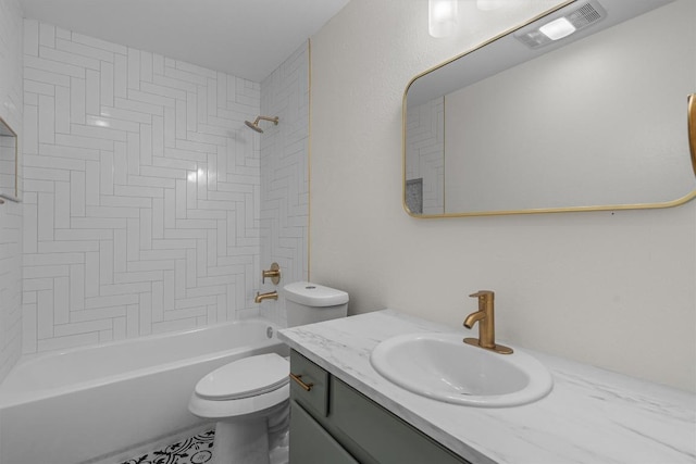 full bathroom featuring vanity, toilet, tub / shower combination, and visible vents