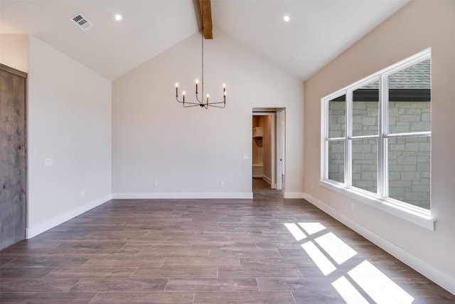 unfurnished room featuring visible vents, baseboards, lofted ceiling with beams, an inviting chandelier, and wood finished floors