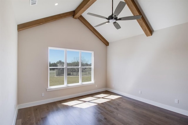 empty room featuring beamed ceiling, baseboards, visible vents, and wood finished floors