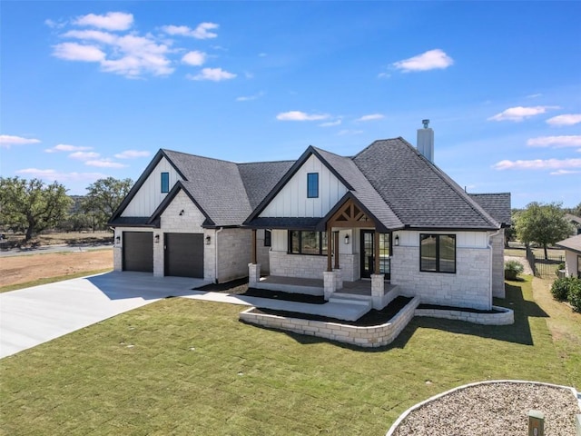 modern inspired farmhouse featuring board and batten siding, driveway, and a shingled roof