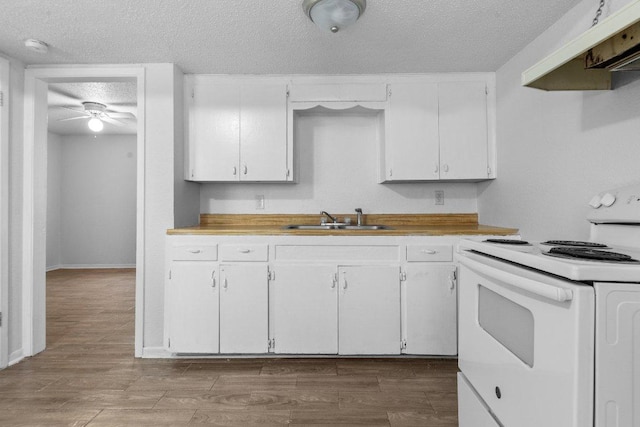 kitchen featuring a sink, wood finished floors, white electric stove, white cabinets, and ceiling fan