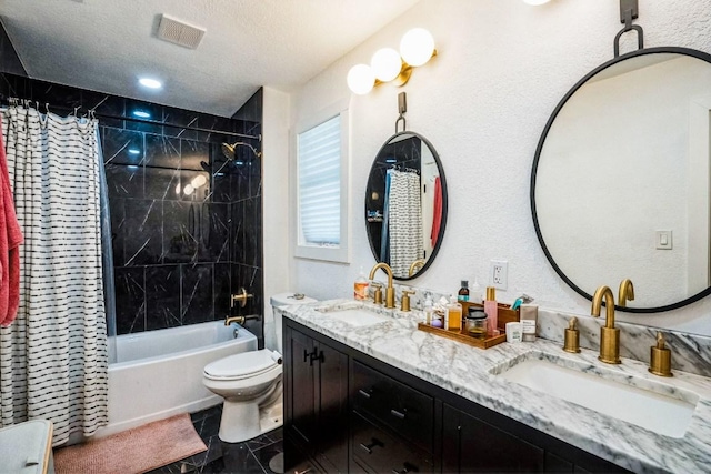 bathroom featuring visible vents, toilet, shower / tub combo with curtain, and a sink