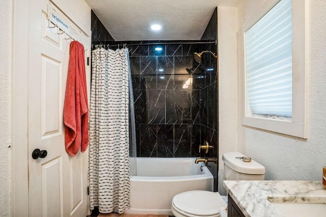 full bathroom featuring vanity, shower / bath combination with curtain, a textured ceiling, toilet, and a textured wall