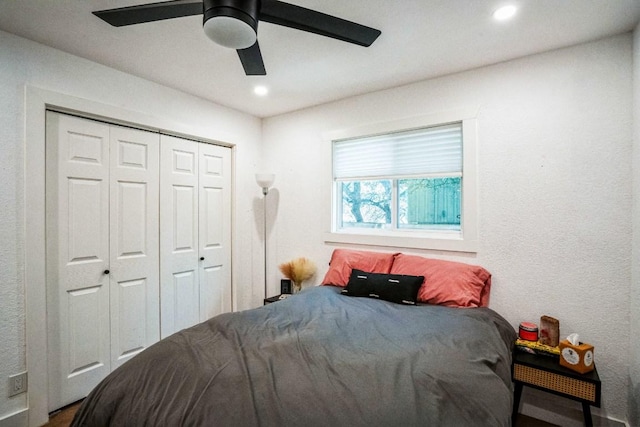 bedroom featuring recessed lighting, a closet, and ceiling fan