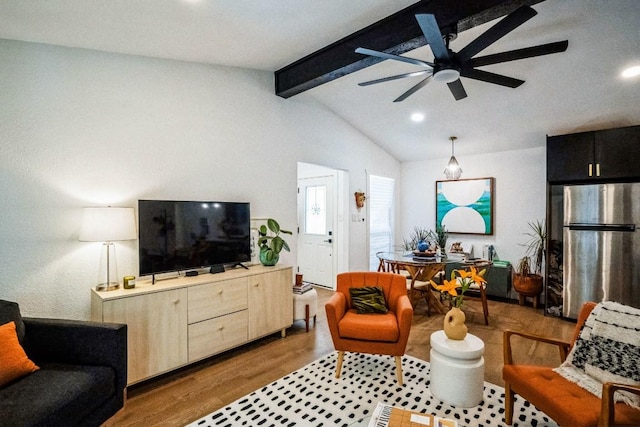 living room with vaulted ceiling with beams, wood finished floors, recessed lighting, and ceiling fan