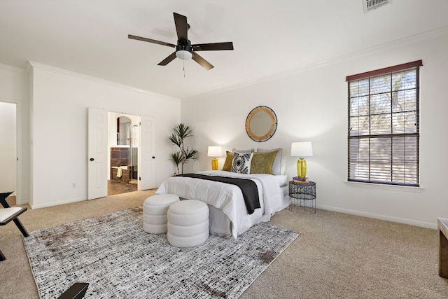 bedroom with crown molding, multiple windows, and baseboards