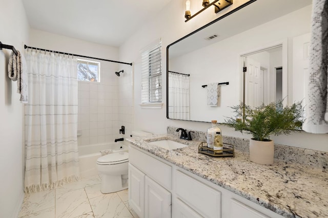 bathroom featuring vanity, visible vents, shower / bath combo, toilet, and marble finish floor