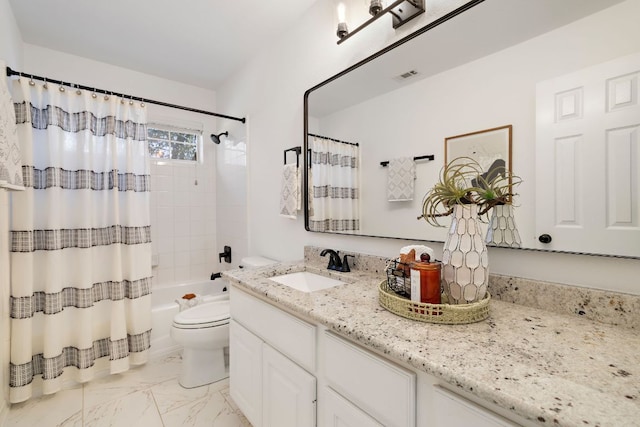 bathroom featuring visible vents, shower / bath combo with shower curtain, toilet, marble finish floor, and vanity