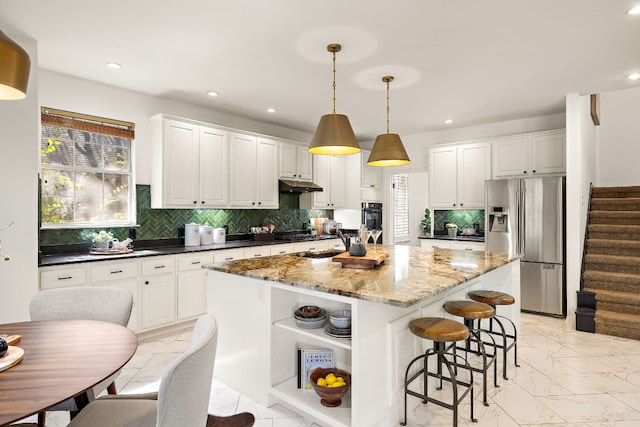 kitchen with open shelves, stainless steel refrigerator with ice dispenser, under cabinet range hood, marble finish floor, and a center island