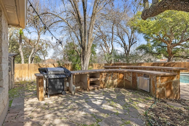 view of patio / terrace featuring grilling area, a fenced in pool, and a fenced backyard