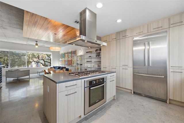 2301 S 5th St Unit 25, Austin, TX 78704 - kitchen with stainless steel appliances, island exhaust hood, modern cabinets, finished concrete floors, and dark countertops