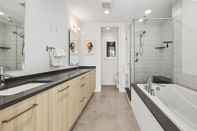 bathroom with a bath, a shower stall, finished concrete flooring, and a sink