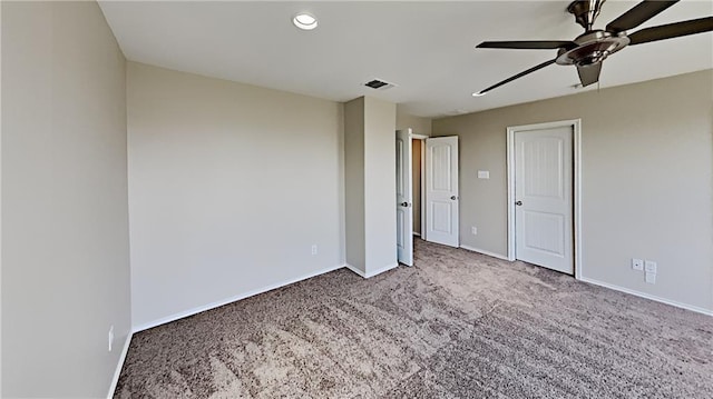 unfurnished bedroom featuring visible vents, baseboards, carpet flooring, recessed lighting, and a ceiling fan