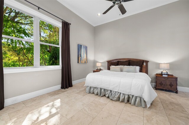 bedroom with vaulted ceiling, recessed lighting, a ceiling fan, and baseboards