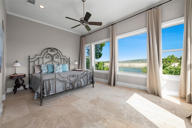 711 Cutlass, Lakeway, TX 78734 - bedroom featuring crown molding, a water view, recessed lighting, ceiling fan, and stone finish floors