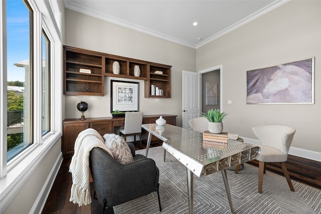 office area with recessed lighting, baseboards, dark wood finished floors, and ornamental molding