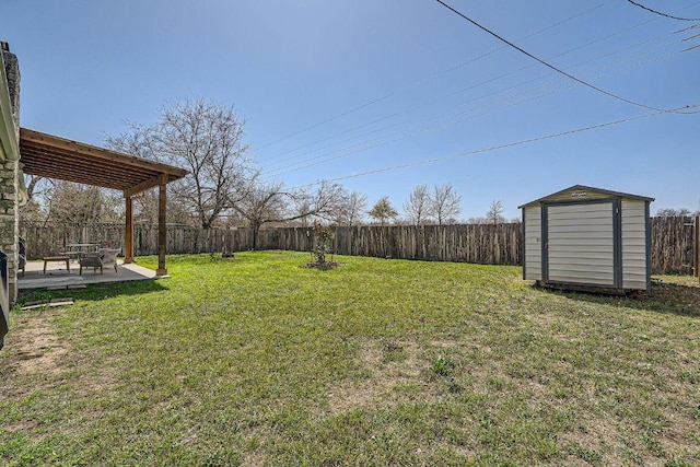 view of yard with a shed, a patio, an outdoor structure, and a fenced backyard