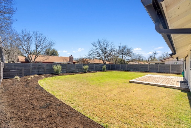 view of yard with a deck and a fenced backyard