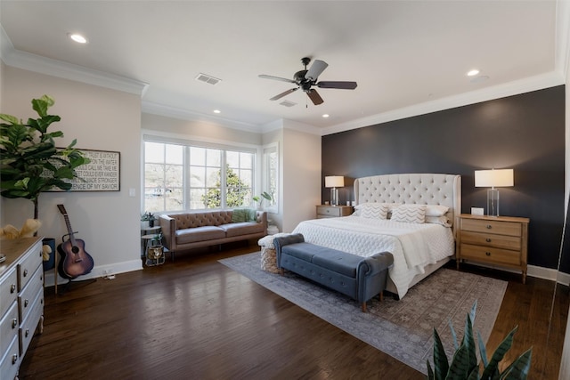 bedroom featuring visible vents, baseboards, ornamental molding, recessed lighting, and dark wood-style floors