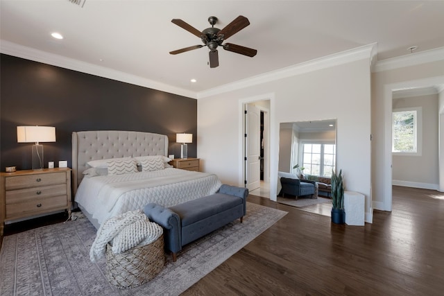 bedroom with recessed lighting, baseboards, wood finished floors, and ornamental molding