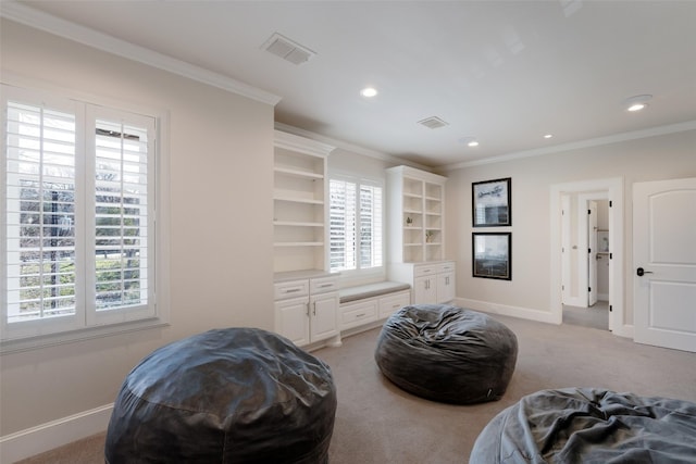 bedroom featuring multiple windows, visible vents, and ornamental molding