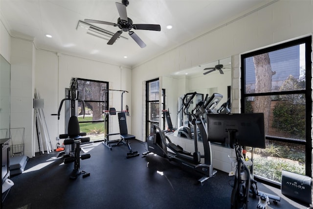 gym featuring recessed lighting and ceiling fan