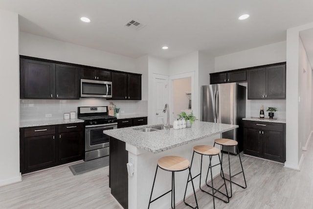 kitchen with visible vents, a sink, stainless steel appliances, a kitchen breakfast bar, and tasteful backsplash