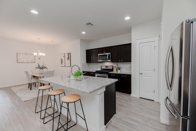 kitchen featuring light wood finished floors, visible vents, a breakfast bar, stainless steel appliances, and a sink