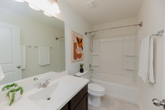 full bath featuring visible vents, toilet, shower / tub combination, tile patterned floors, and vanity