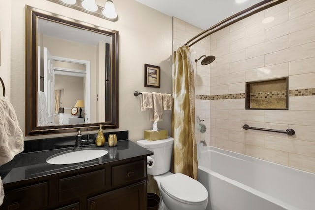 full bathroom with toilet, vanity, and shower / bathtub combination with curtain