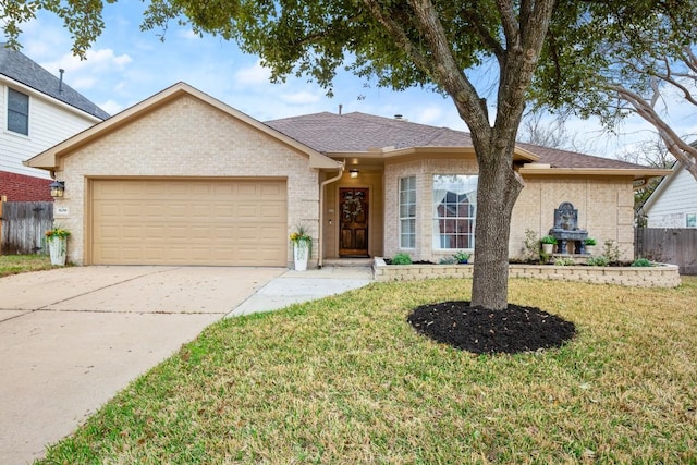 single story home with a garage, brick siding, a front yard, and fence