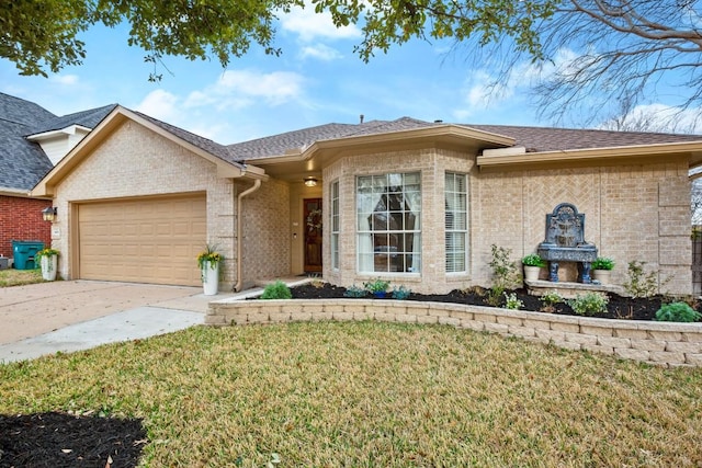 ranch-style home featuring a garage, brick siding, concrete driveway, and a front lawn