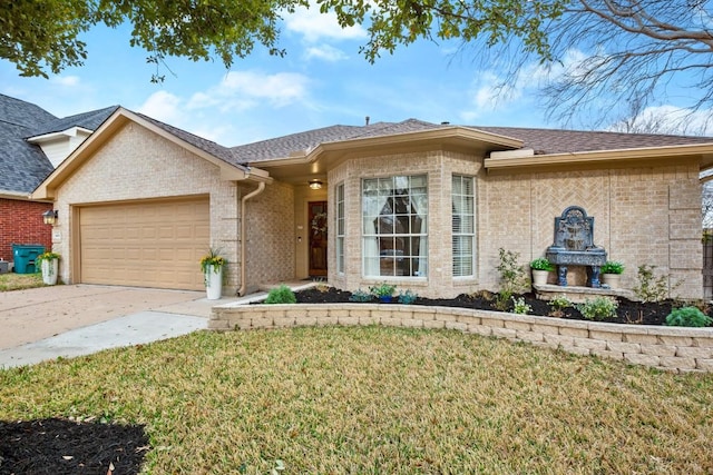 view of front facade with an attached garage, concrete driveway, brick siding, and a front lawn