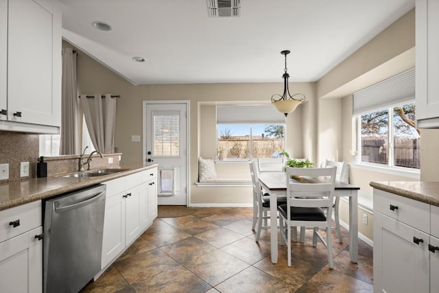 kitchen featuring a sink, white cabinetry, visible vents, and dishwasher