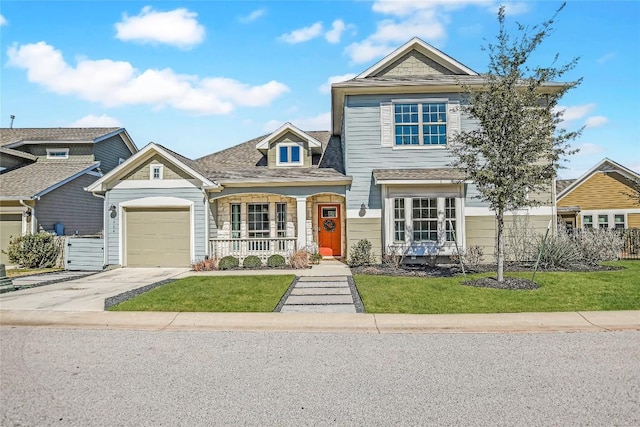 view of front of property featuring a front yard, roof with shingles, an attached garage, covered porch, and concrete driveway