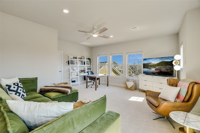 carpeted living room with baseboards, recessed lighting, visible vents, and ceiling fan