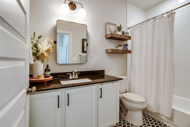 bathroom featuring vanity, toilet, and shower / bathtub combination with curtain