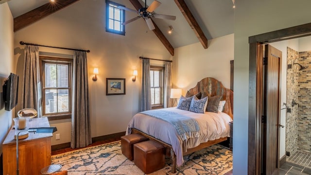 bedroom with beam ceiling, a ceiling fan, baseboards, and high vaulted ceiling