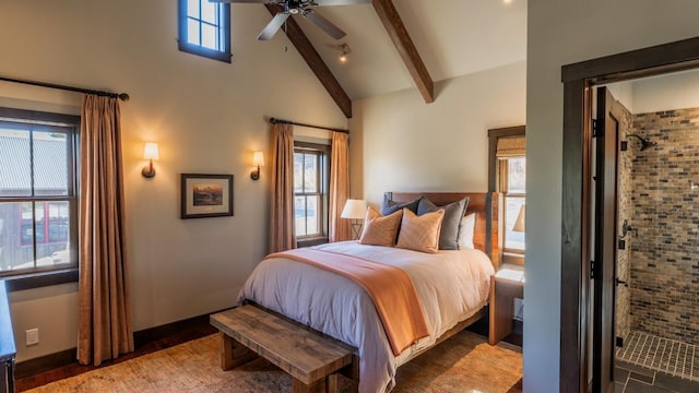 bedroom featuring beam ceiling, a ceiling fan, baseboards, and high vaulted ceiling