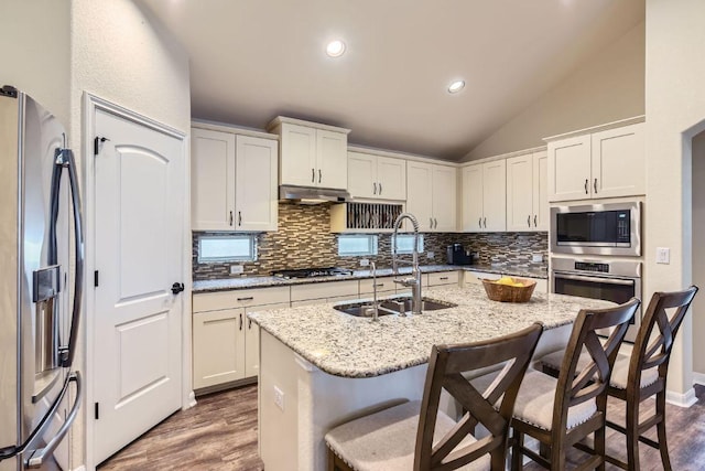 kitchen with decorative backsplash, under cabinet range hood, appliances with stainless steel finishes, and a sink