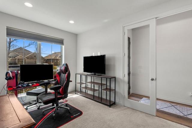 office with recessed lighting, baseboards, and carpet