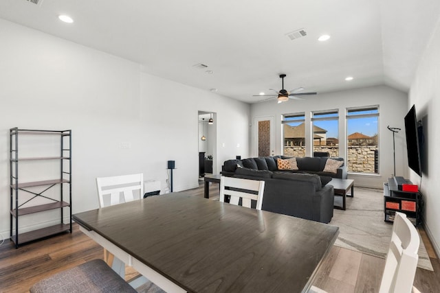 dining space with visible vents, baseboards, ceiling fan, recessed lighting, and wood finished floors