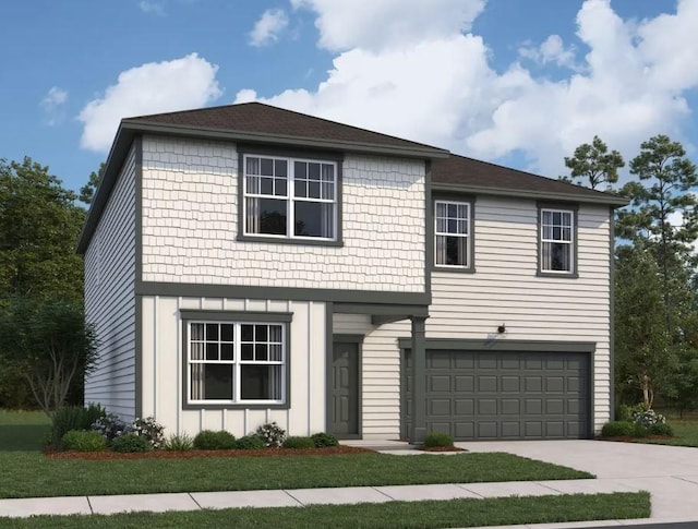 view of front facade with board and batten siding, a garage, and driveway