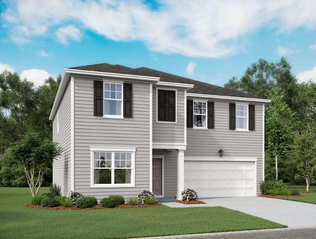 view of front of home with a garage, driveway, and a front yard