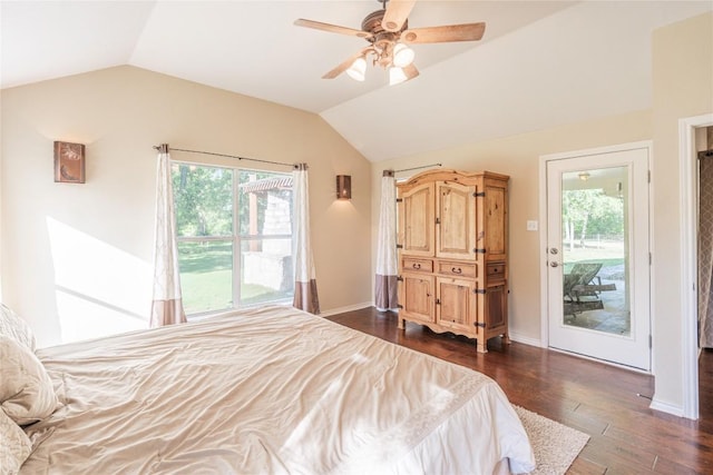 bedroom with access to exterior, dark wood finished floors, multiple windows, and vaulted ceiling