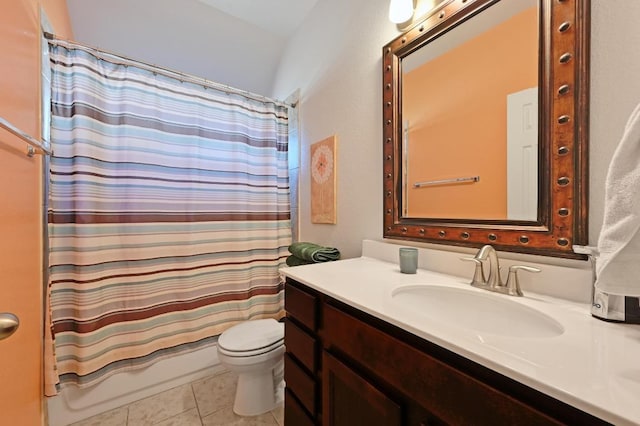 bathroom with tile patterned flooring, shower / tub combo, toilet, and vanity